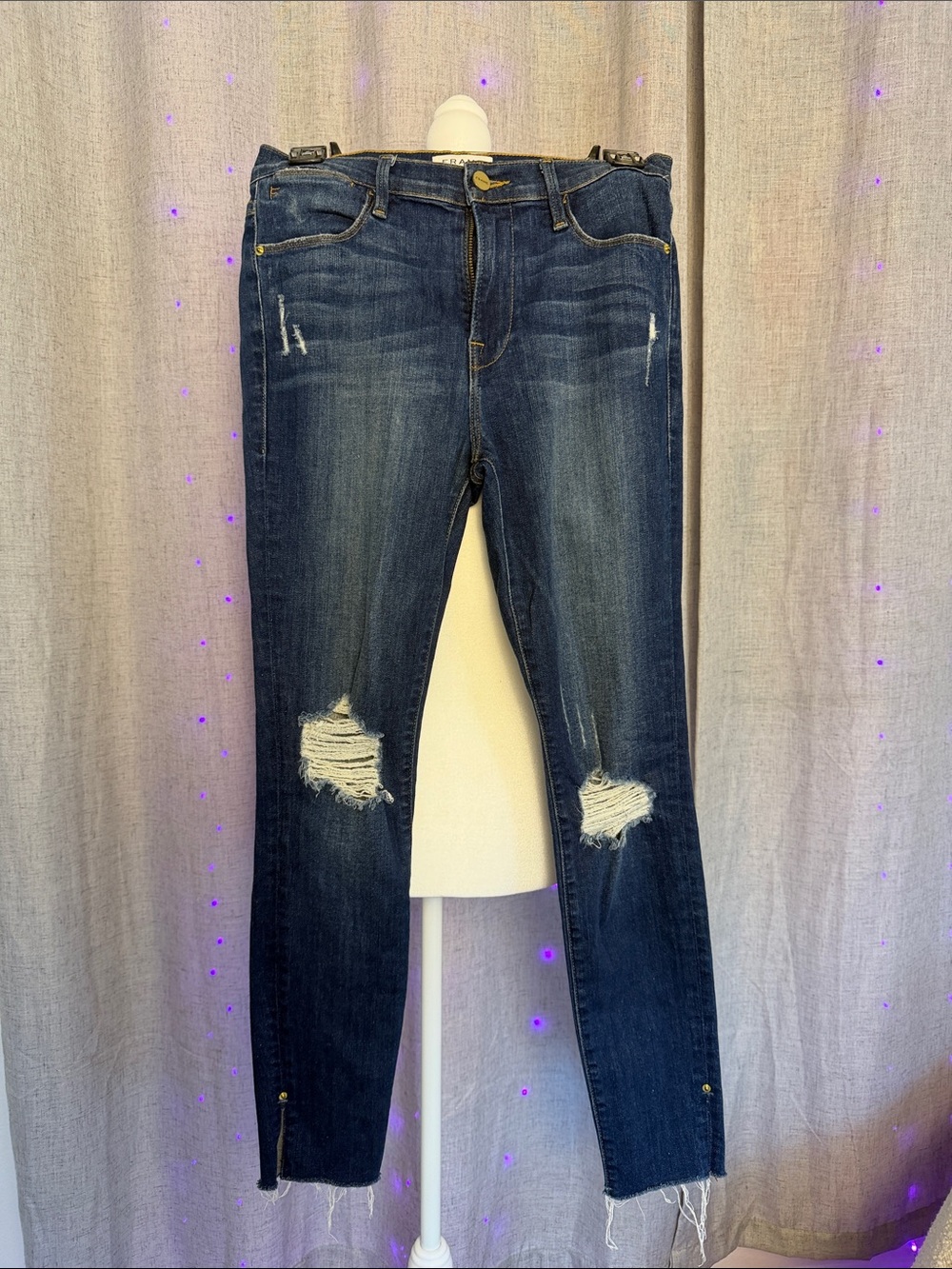 Frame Denim Dark Blue Distressed Ankle Jeans Le high skinny